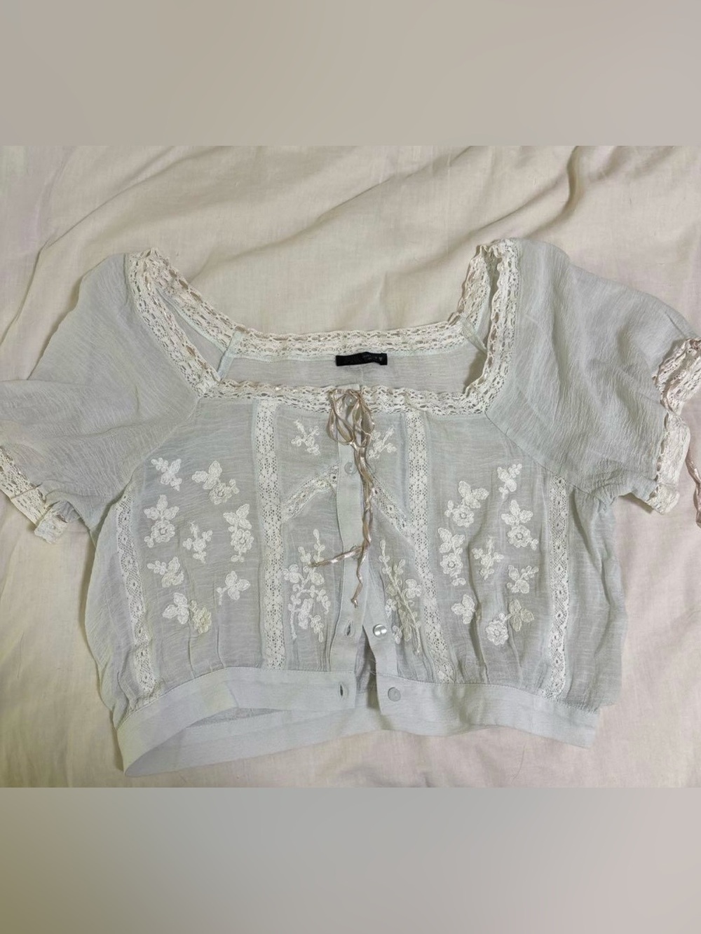 Zara light blueLace-Trim Embroidered Crop Blouse size S